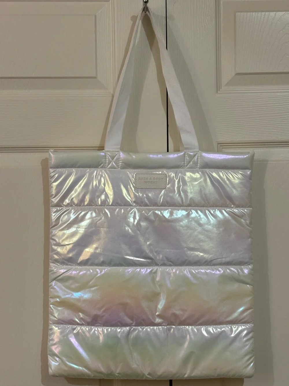 Sleek Bath & Body Works Iridescent Puffer Tote in White